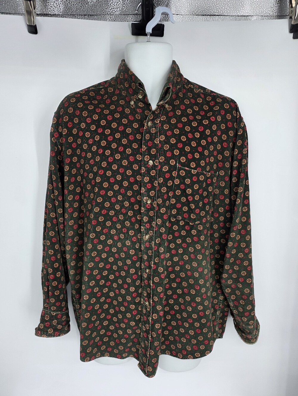 Vintage Pacific Club Corduroy Button Down Shirt Medium Green Medallion Y2K